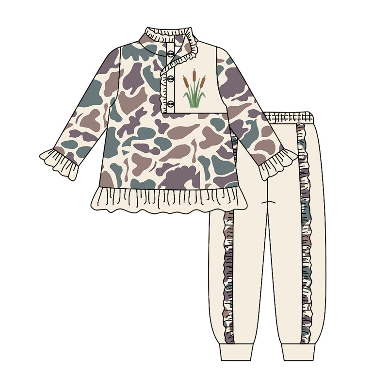 MOQ 5 PCS Preorder GLP3308 Cattail Pattern Camouflage Beige Ruffle Buttons Collar Long Sleeve Pants Girls Sets 202604