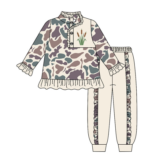 MOQ 5 PCS Preorder GLP3308 Cattail Pattern Camouflage Beige Ruffle Buttons Collar Long Sleeve Pants Girls Sets 202604