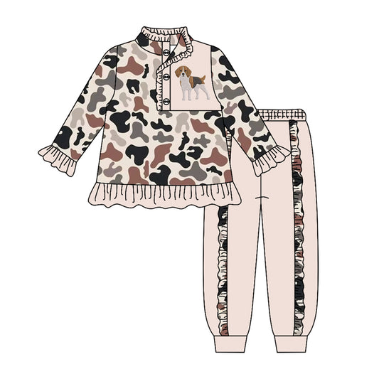 MOQ 5 PCS Preorder GLP3309 Puppy Pattern Camouflage Beige Pink Ruffle Buttons Collar Long Sleeve Pants Girls Sets 202604