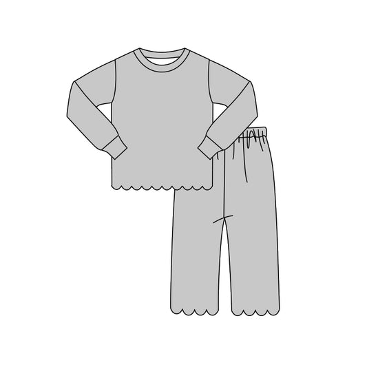 MOQ 30 PCS Preorder GLP3312 Solid Gray Wave Ruffle Long Sleeve Pants Girls Sets 202604