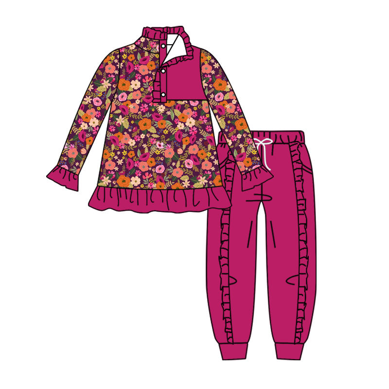 MOQ 5 PCS Preorder GLP3314 Flower Rose Red Ruffle Button Polo Long Sleeve Pants Girls Sets 202604