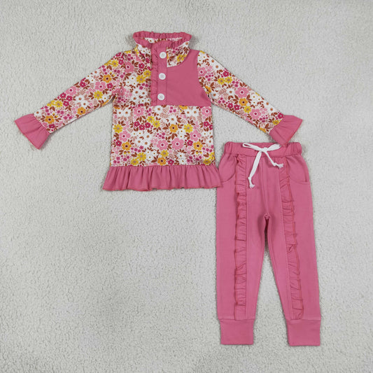 GLP3315 Flower Pink Ruffle Button Polo Long Sleeve Pants Girls Sets 202607 RTS