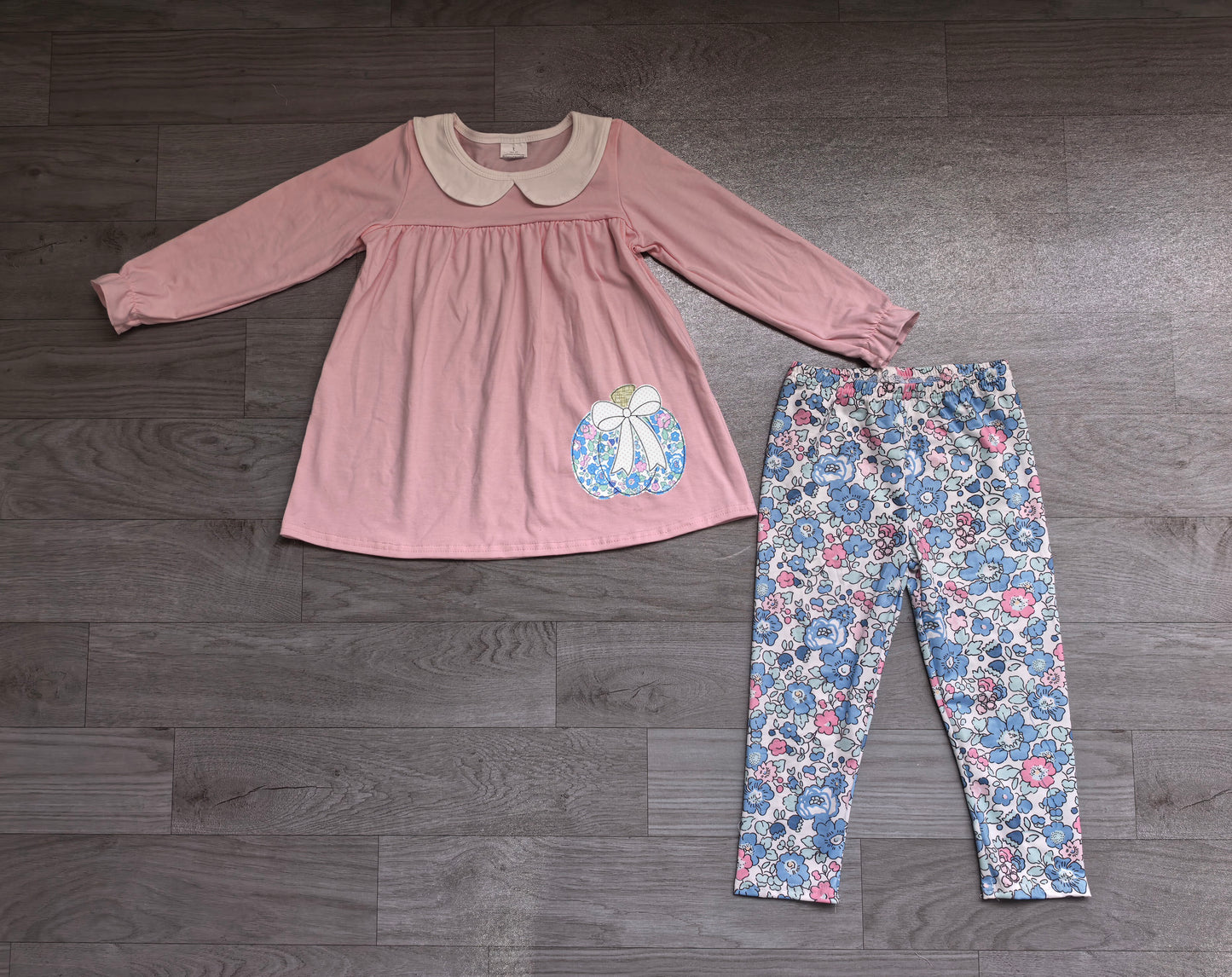 NO MOQ Preorder GLP3319 Embroidered Floral Pumpkin Bow Doll Collar Pink Purple Long Sleeve Pants Girls Sets 202607