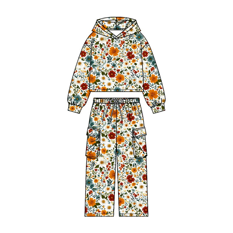 MOQ 5 PCS Preorder GLP3321 Flower Leaf Hooded Long Sleeve Pocket Pants Girls Sets 202604