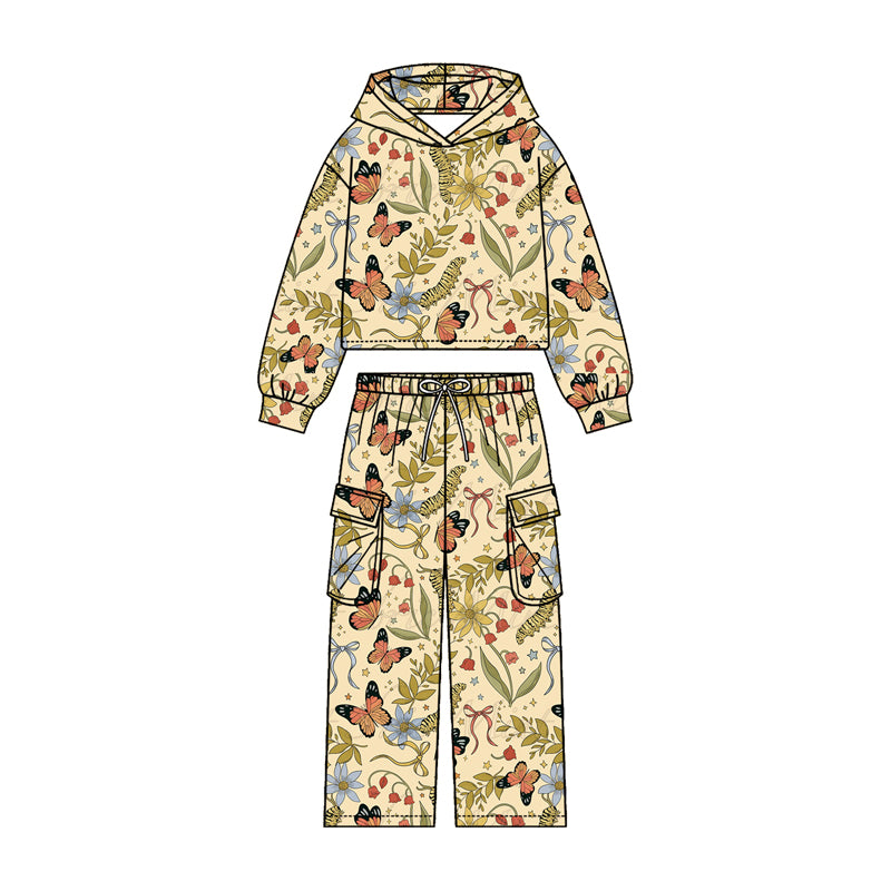 MOQ 5 PCS Preorder GLP3322 Butterfly Caterpillar Leaf Beige Yellow Hooded Long Sleeve Pocket Pants Girls Sets 202604