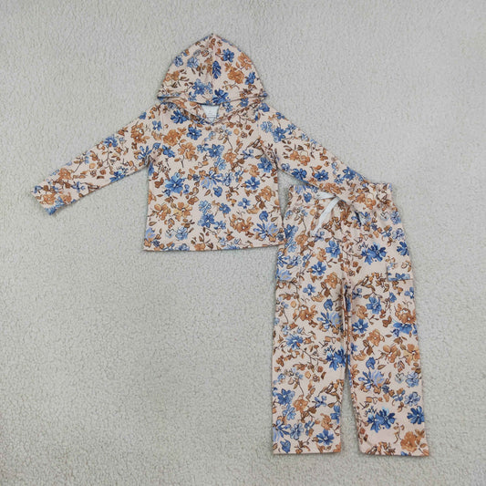 GLP3323 Flower Leaf Khaki Hooded Long Sleeve Pocket Pants Girls Sets 202608 RTS