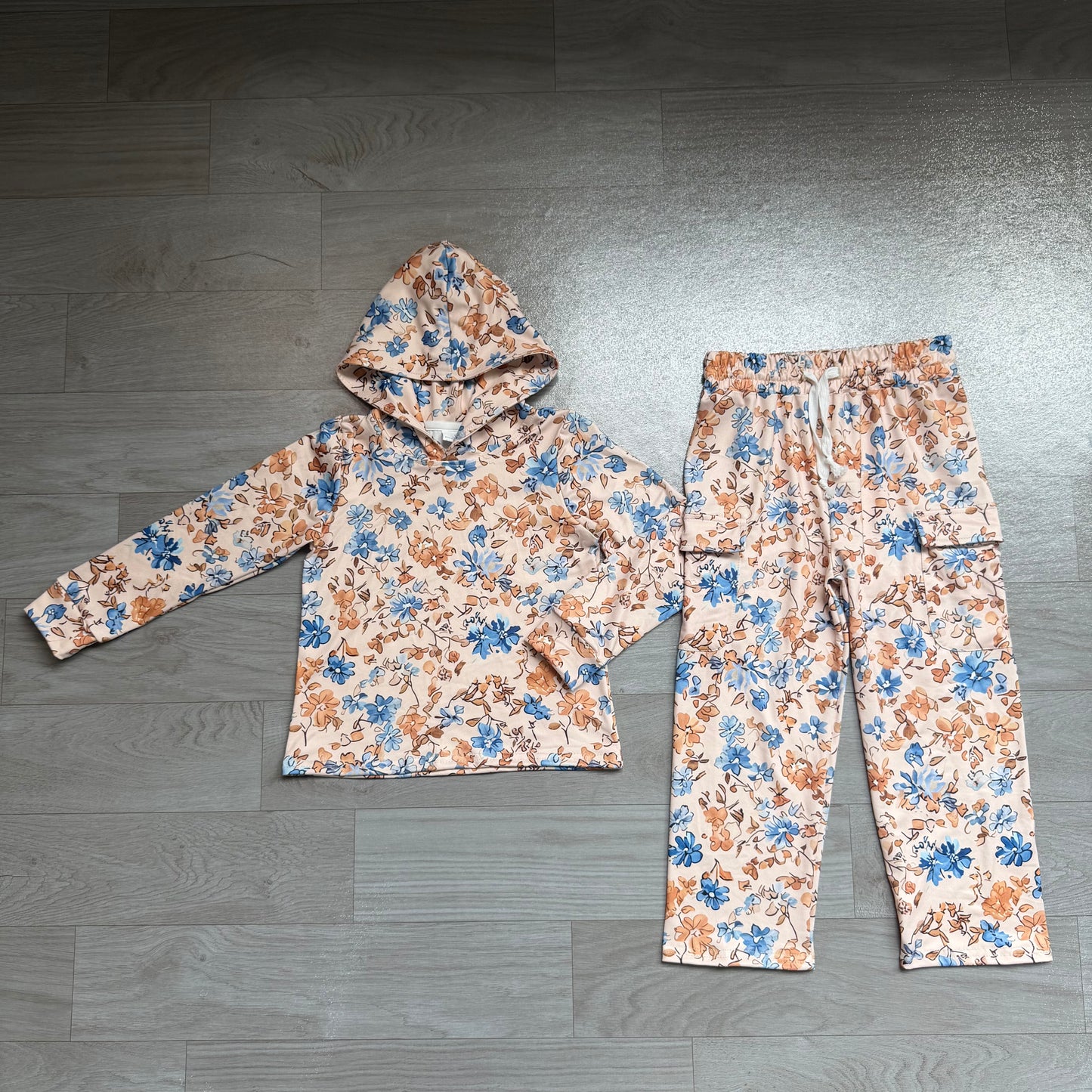NO MOQ Preorder GLP3323 Flower Leaf Khaki Hooded Long Sleeve Pocket Pants Girls Sets 202607
