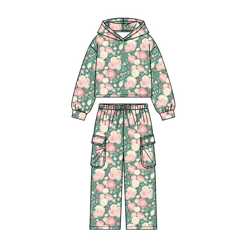MOQ 5 PCS Preorder GLP3325 Pink Flower Green Hooded Long Sleeve Pocket Pants Girls Sets 202604