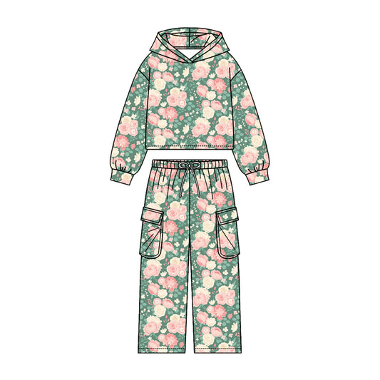 MOQ 5 PCS Preorder GLP3325 Pink Flower Green Hooded Long Sleeve Pocket Pants Girls Sets 202604