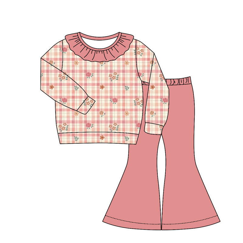 MOQ 5 PCS Preorder GLP3328 Flower Plaid Pink Ruffle Long Sleeve Bell Bottom Pants Girls Sets 202604