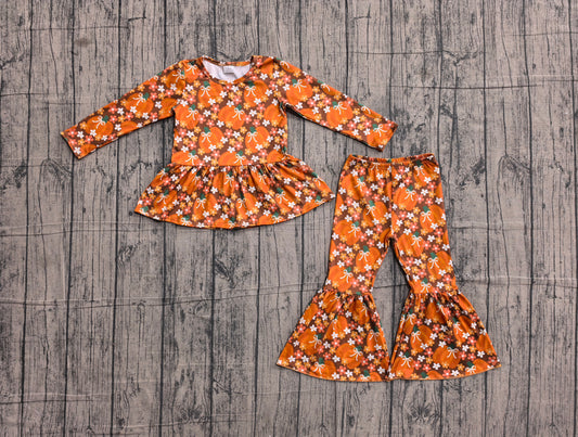 NO MOQ Preorder GLP3343 Pumpkin Flower Bows Orange Long Sleeve Pants Girls Sets 202605