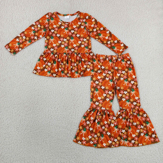 GLP3343 Pumpkin Flower Bows Orange Long Sleeve Pants Girls Sets 202606 RTS