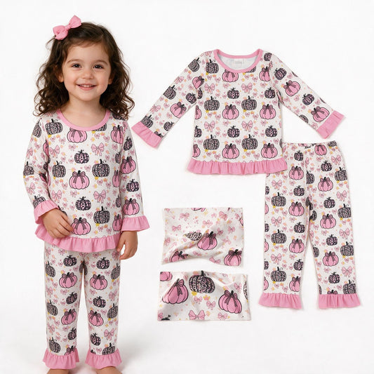 GLP3350 Pumpkin Bows Pink Girls Pajamas Set