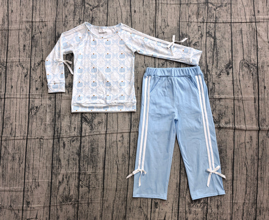 NO MOQ Preorder GLP3351 Pumpkin Bows Blue White Long Sleeve Pants Girls Sets 202606