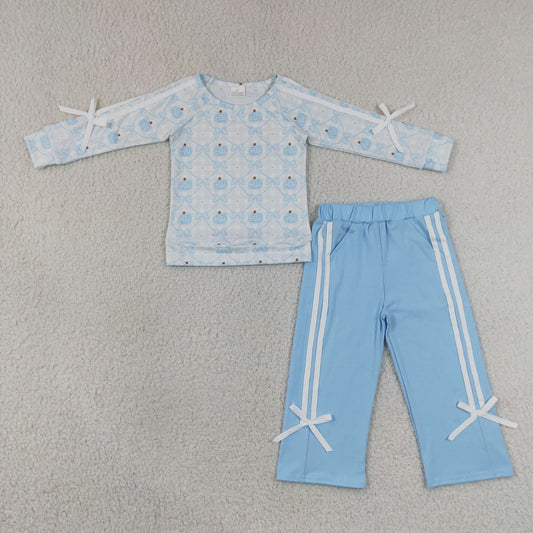 GLP3351 Pumpkin Bows Blue White Long Sleeve Pants Girls Sets 202607 RTS