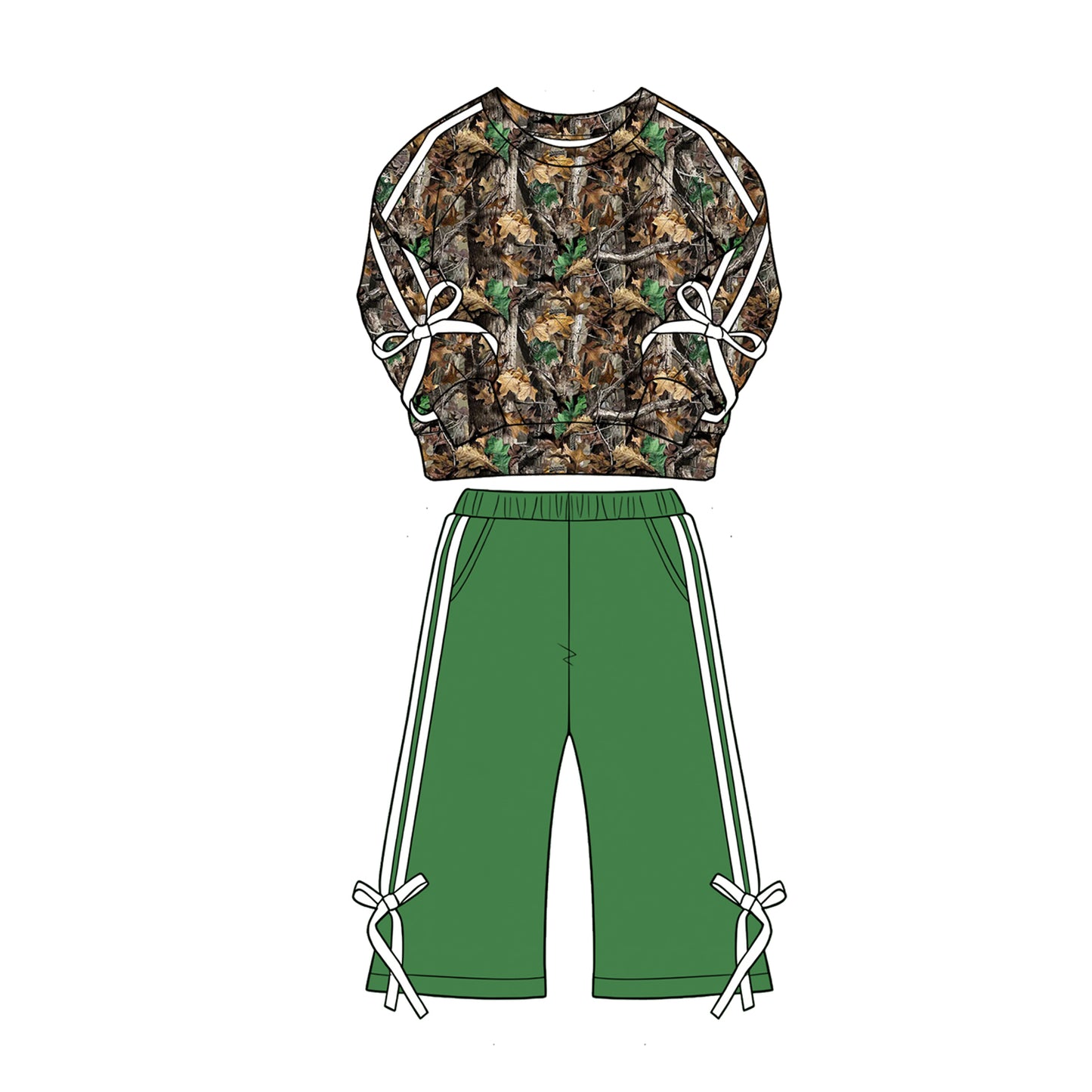 MOQ 5 PCS Preorder GLP3358 Hunting Branches Leaves Stripe Bows Long Sleeve Green Pants Girls Sets 202604