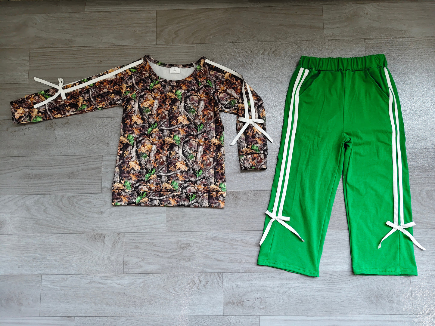 NO MOQ Preorder GLP3358 Branches Leaves Bows Long Sleeve Green Pants Girls Sets 202607
