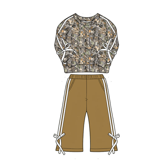 MOQ 5 PCS Preorder GLP3361 Hunting Branches Leaves Stripe Bows Long Sleeve Brown Pants Girls Sets 202604
