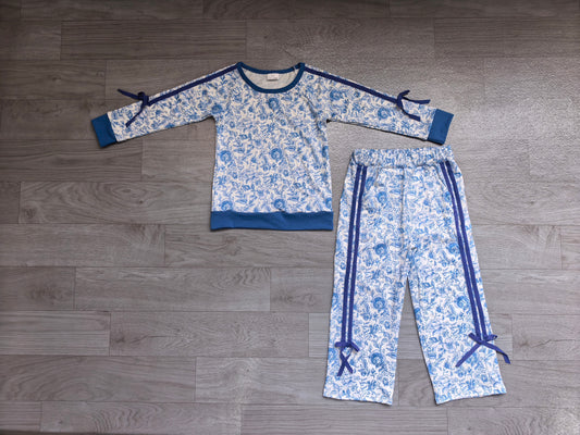 NO MOQ Preorder GLP3364 Floral Blue Stripe Bows Long Sleeve Pants Girls Sets 202607