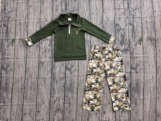 MOQ 5 PCS Preorder GLP3369 Hunting Branches Leaves Dark Green Zip Collar Long Sleeve Scalloped Pants Girls Sets 202606