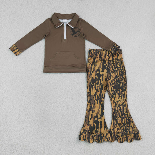 GLP3373 Deer Hunting Brown Zip Collar Long Sleeve Scalloped Pants Girls Sets 202608 RTS