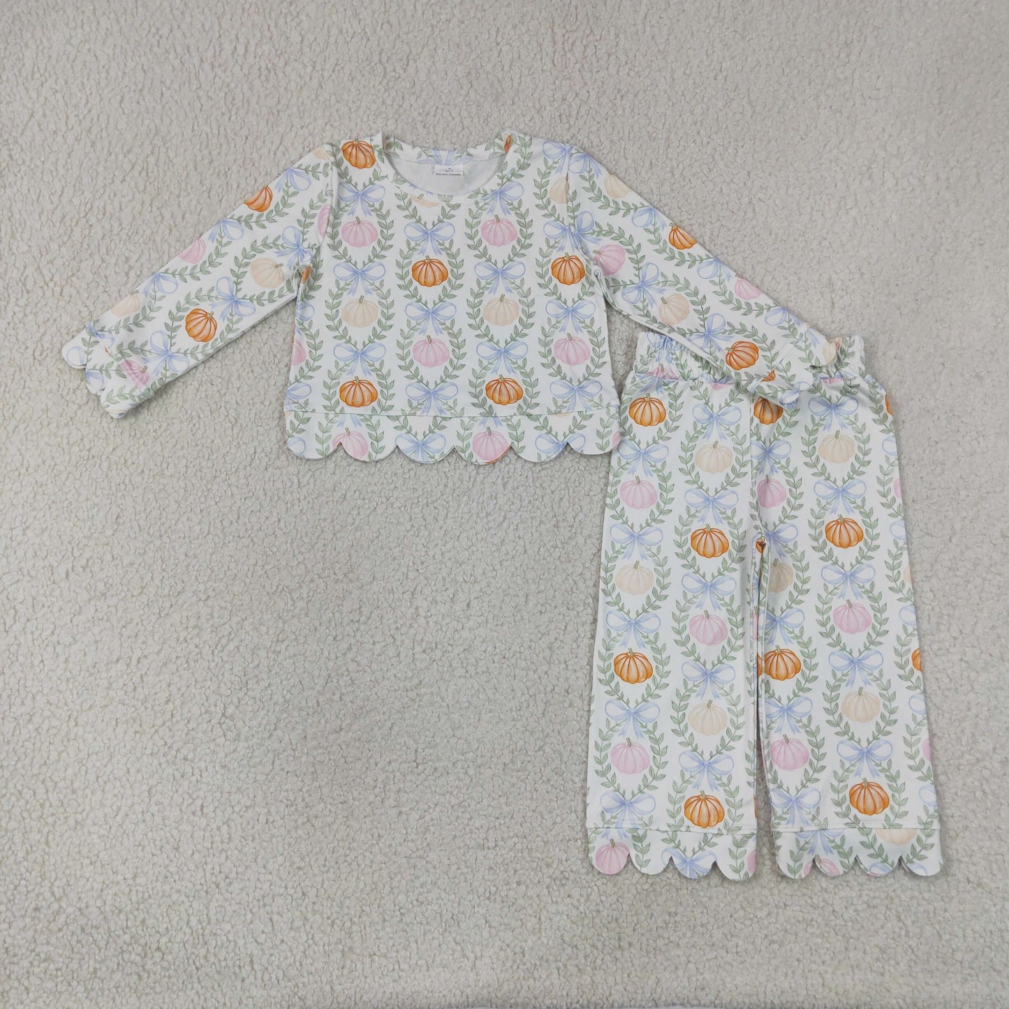 GLP3395 Pumpkin Leaf White Scalloped Long Sleeve Pants Girls Sets 202607 RTS