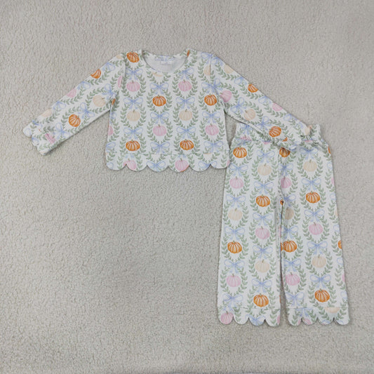 GLP3395 Pumpkin Leaf White Scalloped Long Sleeve Pants Girls Sets 202607 RTS