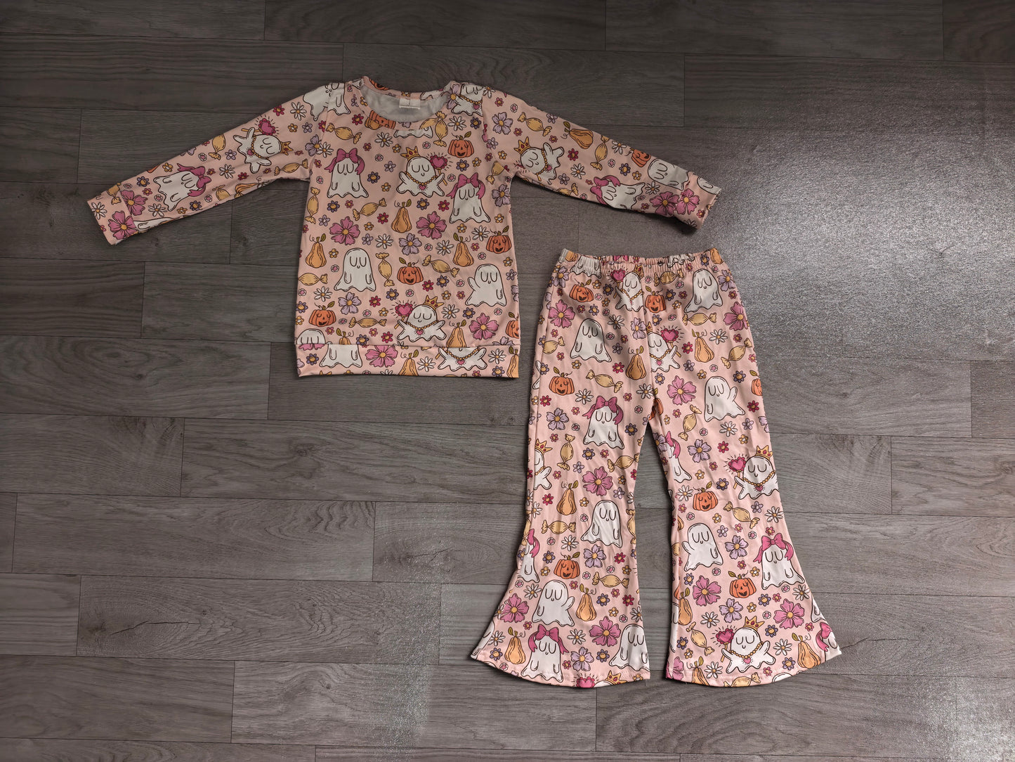 NO MOQ Preorder GLP3400 Halloween Pumpkin Goose Flower Bows Long Sleeve Bell Bottom Pants Girls Sets 202606
