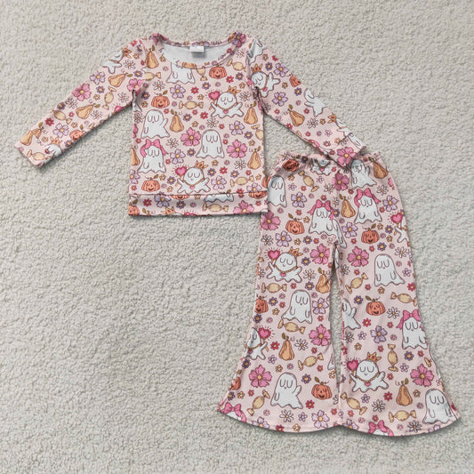 GLP3400 Halloween Pumpkin Goose Flower Bows Long Sleeve Bell Bottom Pants Girls Sets 202607 RTS