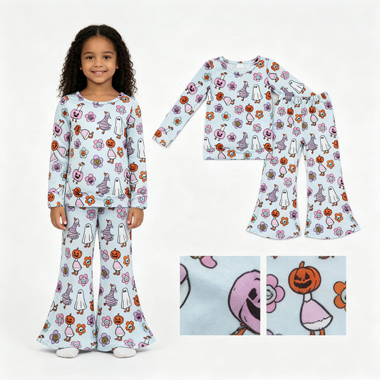 GLP3401 Halloween Pumpkin Flower Goose Ghost Long Sleeve Bell Bottom Pants Girls Sets 202607 RTS