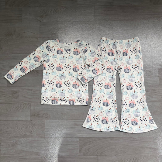 NO MOQ Preorder GLP3403 Pumpkin Bows White Long Sleeve Bell Bottom Pants Girls Sets 202607
