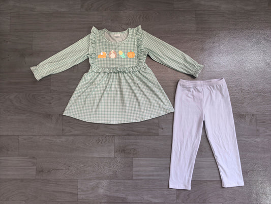 NO MOQ Preorder GLP3409 Embroidered Thanksgiving Turkey Pumpkin Ruffle Green Plaid Long-Sleeved Pants Girls Sets 202607
