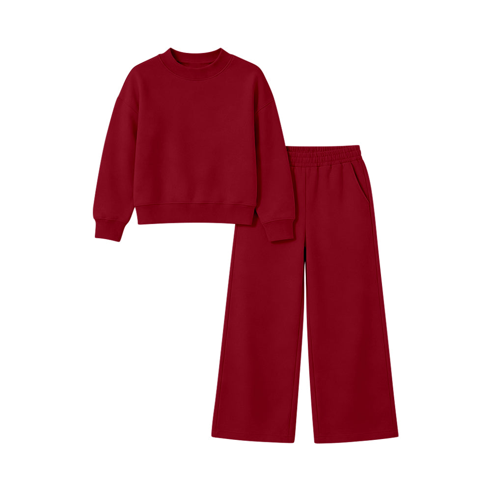NO MOQ Preorder GLP3413 Solid Dark Red Long-Sleeved Pants Girls Sets 202607 Daughter & Mom Matching Sweatshirt and Sweatpants Set