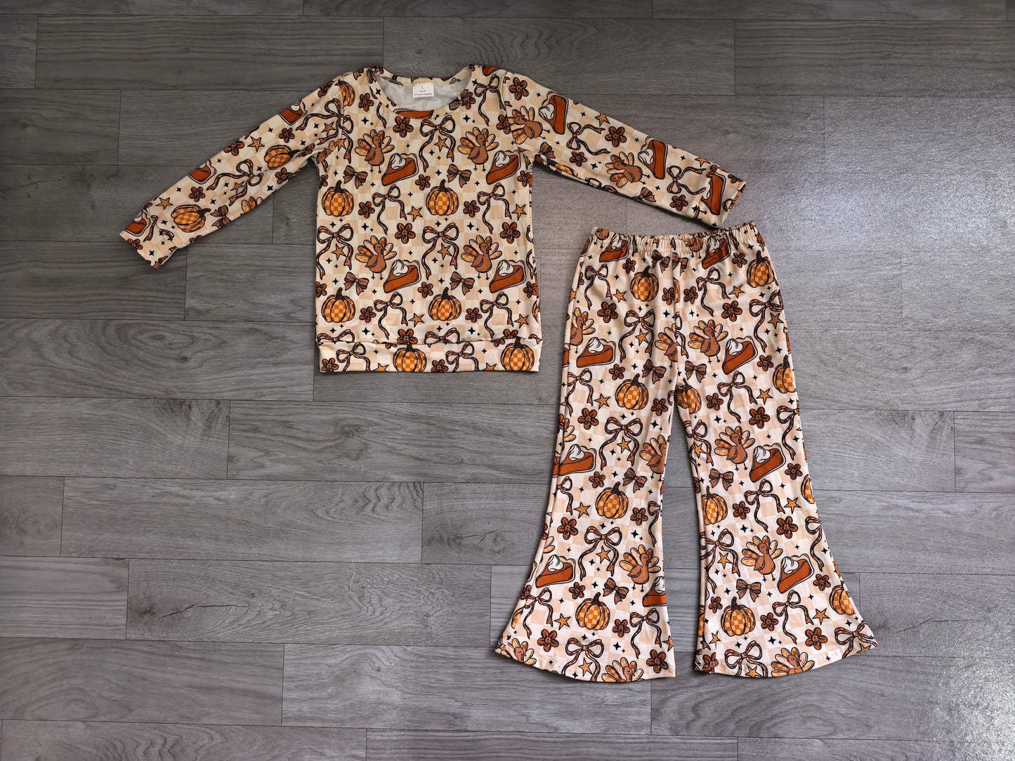 NO MOQ Preorder GLP3420 Thanksgiving Turkey Pumpkin Long-Sleeved Bell Bottom Pants Girls Sets 202607