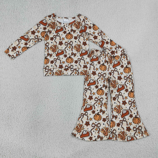 GLP3420 Thanksgiving Turkey Pumpkin Long-Sleeved Bell Bottom Pants Girls Sets 202607 RTS