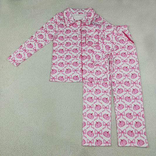 GLP3423 Fall Pumpkin Bows Bows Buttons Adult Women Pajamas Set 202609 RTS