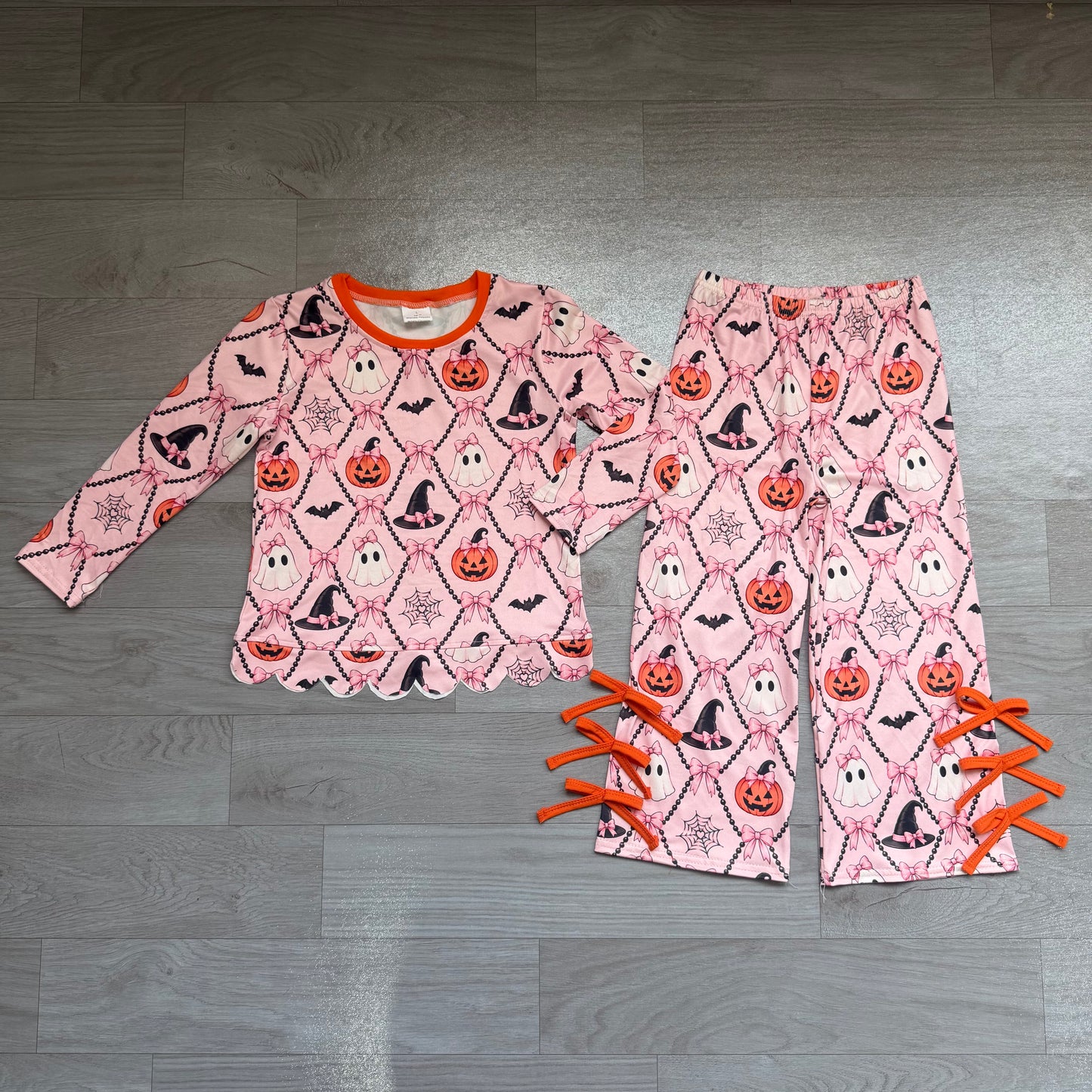 NO MOQ Preorder GLP3434 Halloween Pumpkin Bows Goose Orange Pink Long Sleeve Pants Girls Sets 202607