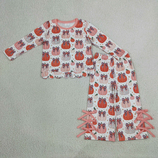 GLP3435 Fall Pumpkin Bows Leopard Scallop Edge Girls Set 202609 RTS