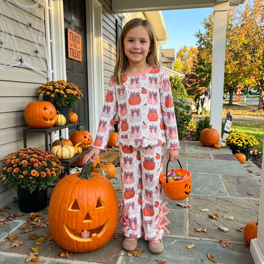 GLP3435 Fall Pumpkin Bows Leopard Scallop Edge Girls Set 202609 RTS