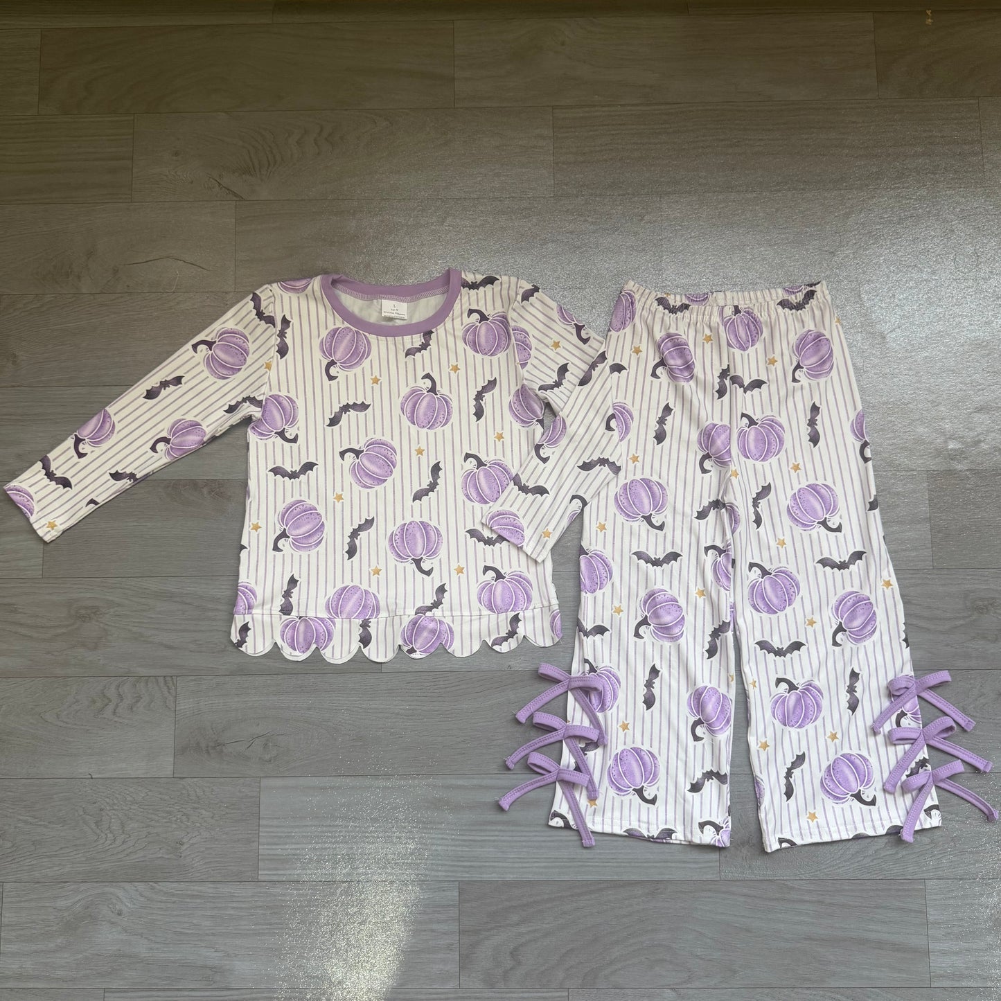 NO MOQ Preorder GLP3438 Halloween Pumpkin Bows Stripe Purple Long Sleeve Pants Girls Sets 202607