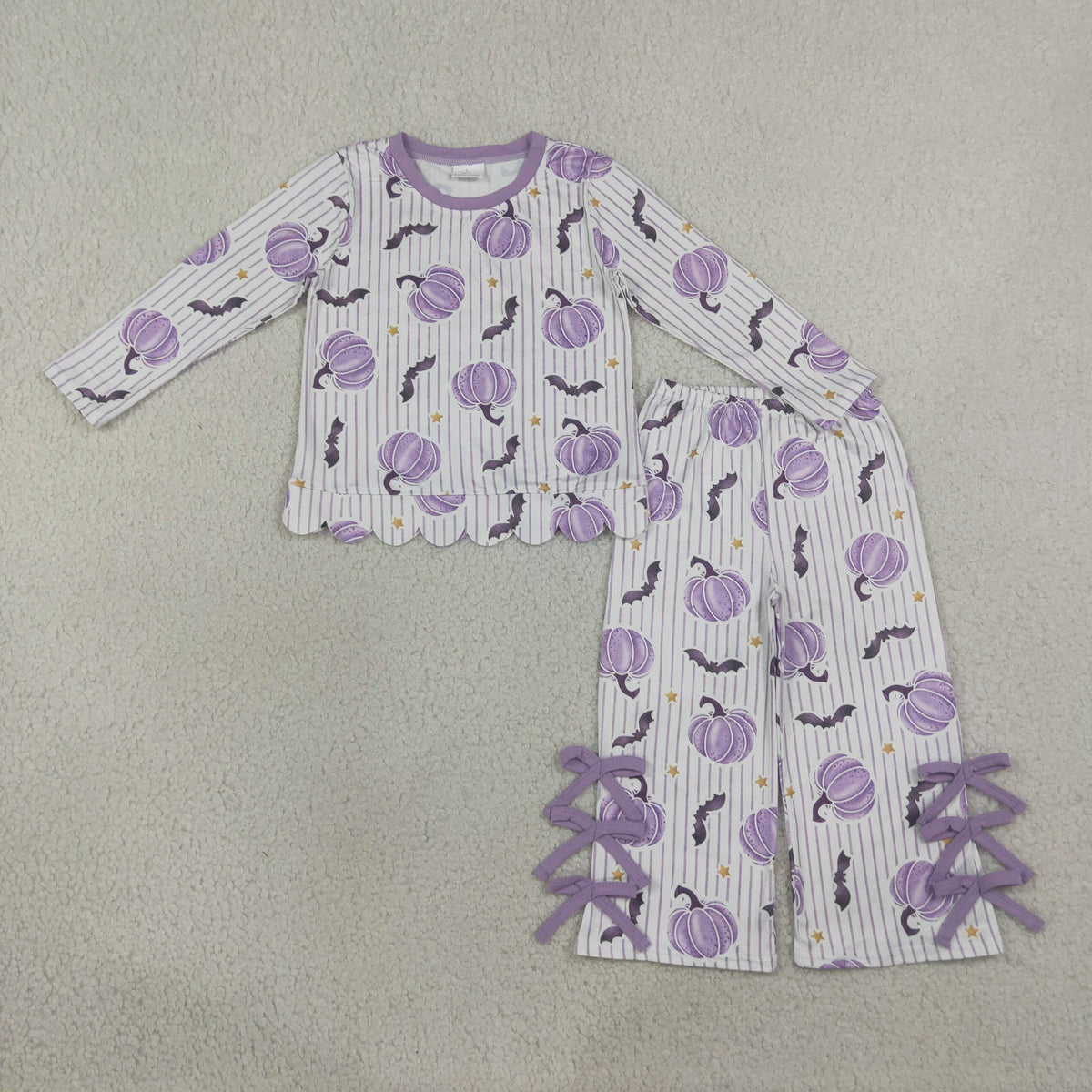 GLP3438 Halloween Pumpkin Bows Stripe Purple Long Sleeve Pants Girls Sets 202608 RTS