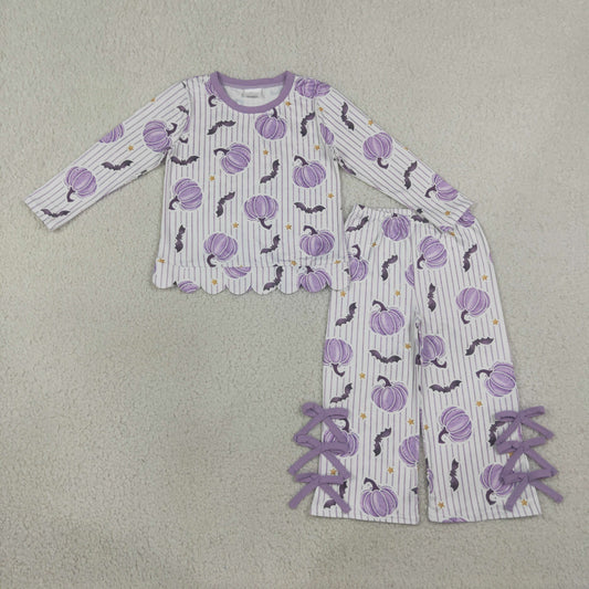 GLP3438 Halloween Pumpkin Bows Stripe Purple Long Sleeve Pants Girls Sets 202608 RTS