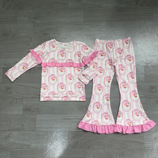 NO MOQ Preorder GLP3450 Christmas Santa Claus Bows Stripe Pink Ruffle Long Sleeve Bell Bottom Pants Girls Sets 202607
