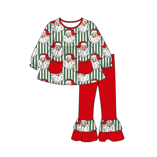 MOQ 5 PCS Preorder GLP3454 Christmas Santa Claus Stripe Red Pocket Long-Sleeved Pants Girls Sets 202607