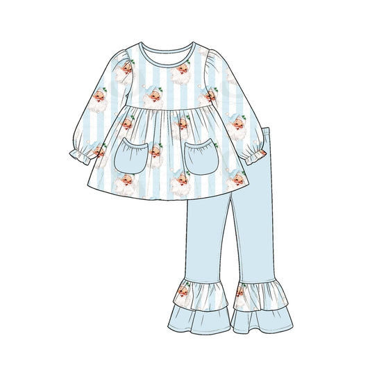 MOQ 5 PCS Preorder GLP3455 Christmas Santa Claus Stripe Light Blue Pocket Long-Sleeved Pants Girls Sets 202607