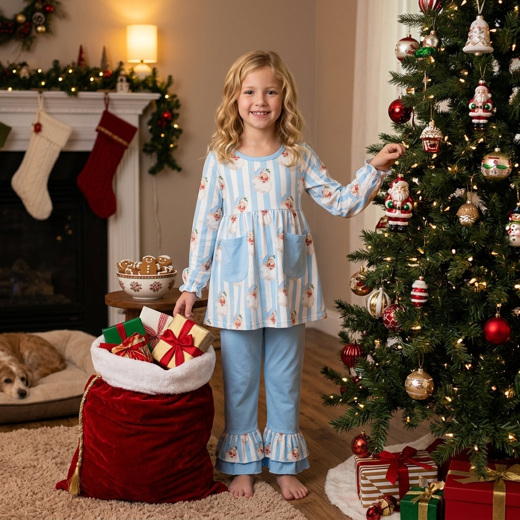 GLP3455 Christmas Santa Stripe Blue Girls Set