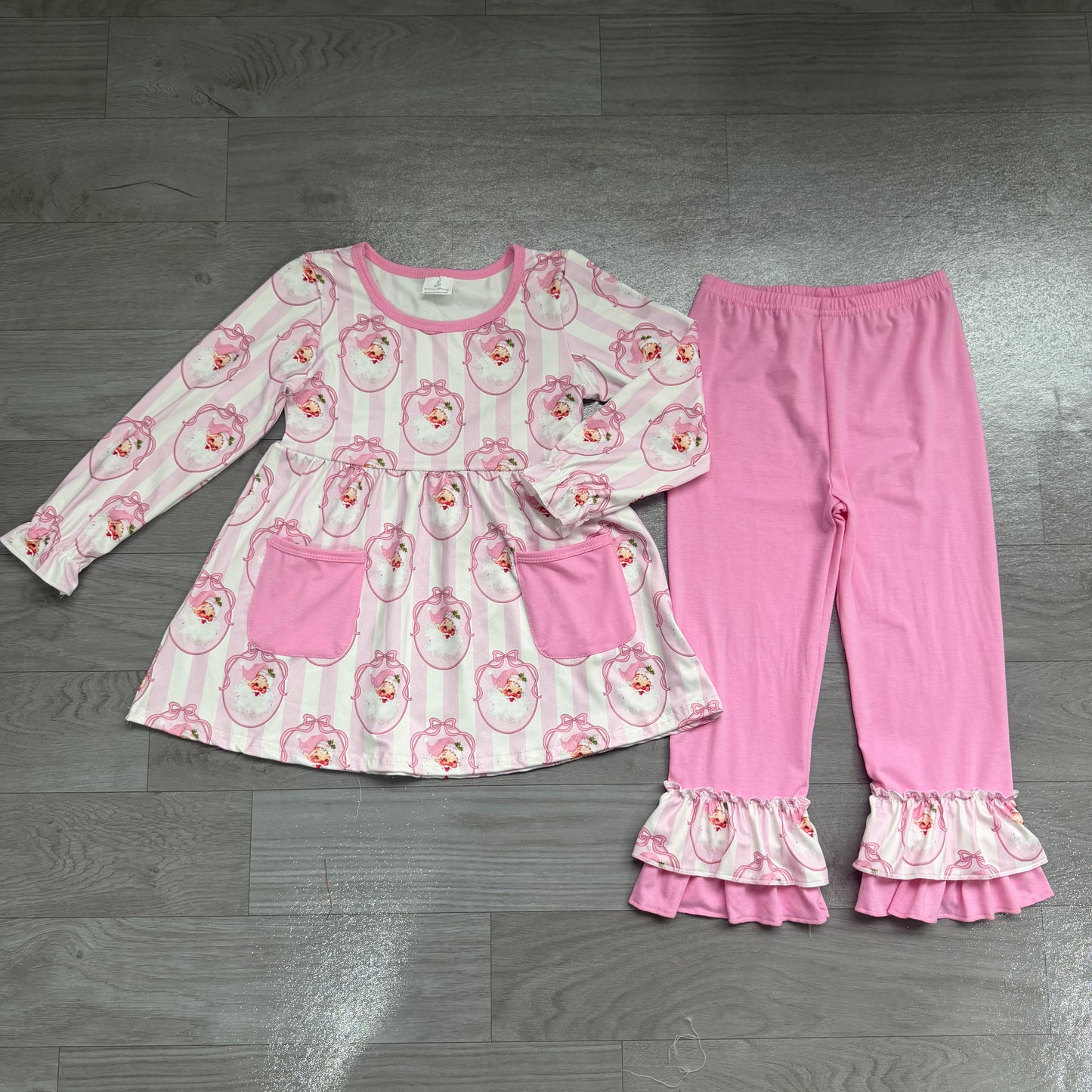 NO MOQ Preorder GLP3456 Christmas Santa Claus Bows Stripe Pink Pocket Long Sleeve Pants Girls Sets 202607