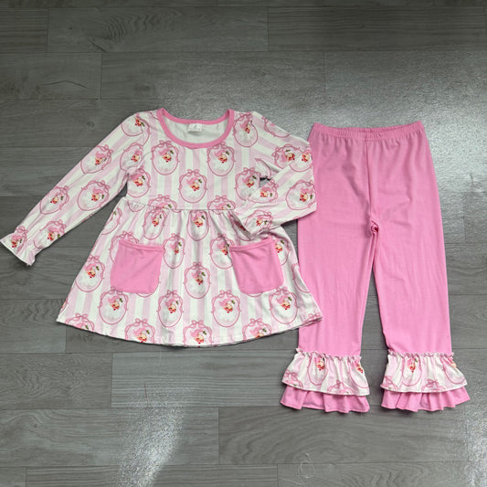 NO MOQ Preorder GLP3456 Christmas Santa Claus Bows Stripe Pink Pocket Long Sleeve Pants Girls Sets 202607