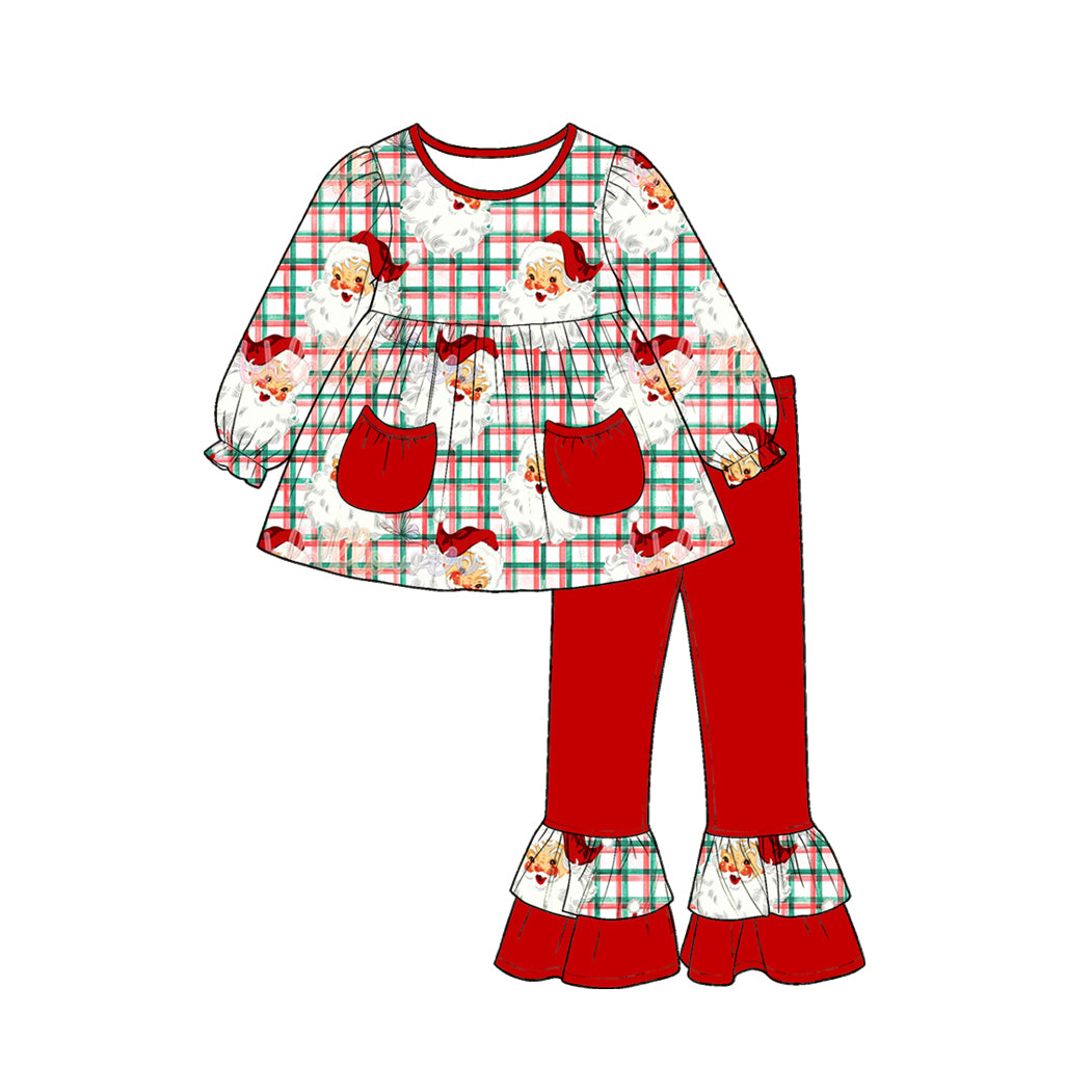 MOQ 5 PCS Preorder GLP3457 Christmas Santa Claus Red Green Plaid Pocket Long-Sleeved Pants Girls Sets 202607