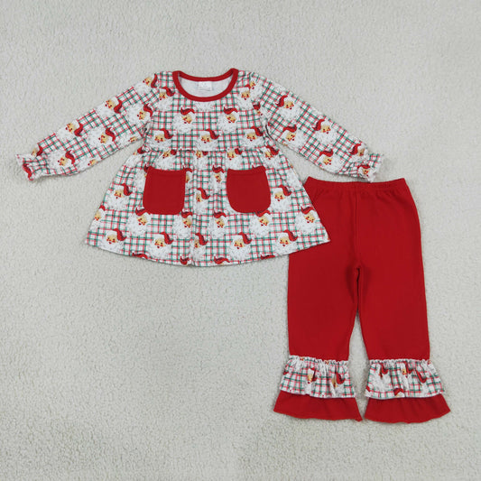 GLP3457 Christmas Santa Claus Plaid Red Pocket Long Sleeve Pants Girls Sets 202608 RTS